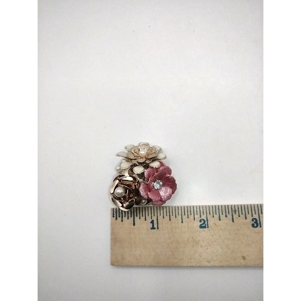 Napier Brooch Pin 3 Flower Cluster Floral Pink White Enamel Faux Pearls with Box